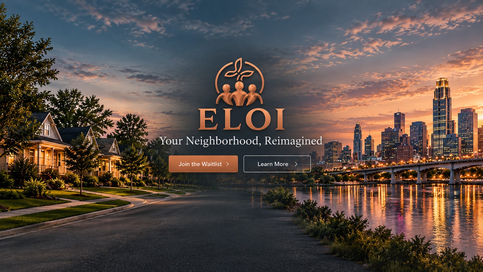 Eloi hero showing the Omaha skyline transitioning into surrounding neighborhoods
